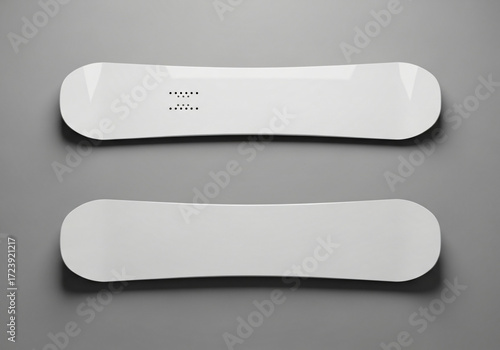 Two white snowboards on top and bottom, a mockup for your design. Clear realistic snow board mock up template for printing, 3d rendering , vertical top view on gray background 