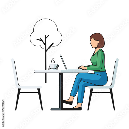 High-Quality Flat Vector: Woman Working on Laptop in Cafe