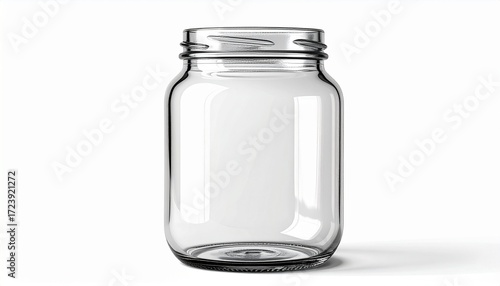 An empty and transparent glass jar for canning or preserving food, isolated against a clean, bright white background with copy space