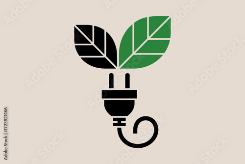 Green energy concept: power plug with leaves symbolizing renewable electricity