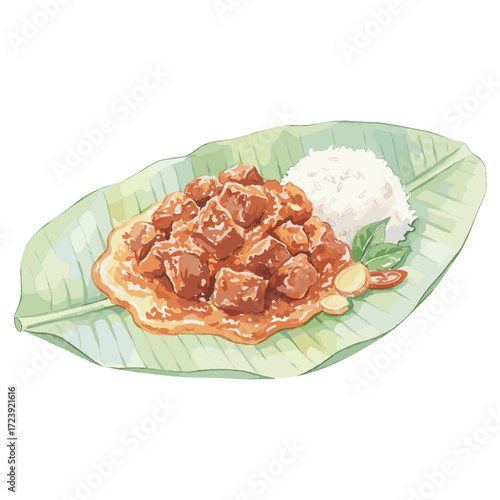 Watercolor illustration of traditional stewed meat with rice on a banana leaf.