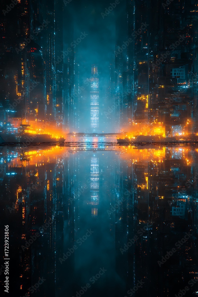 Fototapeta premium Futuristic cityscape with bright orange and blue lights reflected in water at night creating symmetry