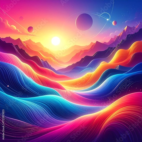 Colorful abstract landscape with vibrant mountains and planets