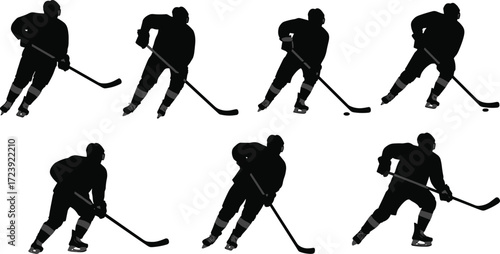 Ice hockey player silhouettes, athletes skating dribbling controlling puck with stick, dynamic winter sports poses, vector illustration