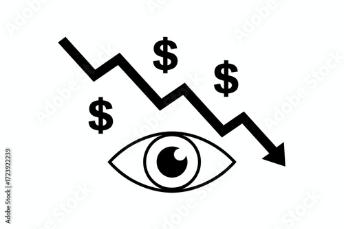 Eye on falling stock market graph with dollar signs, symbolizing financial decline or economic downturn.