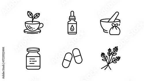 Herbal Medicine Line Icon Set Representing Holistic Wellness and Natural Remedies with Plant Based Solutions and Alternative Therapies