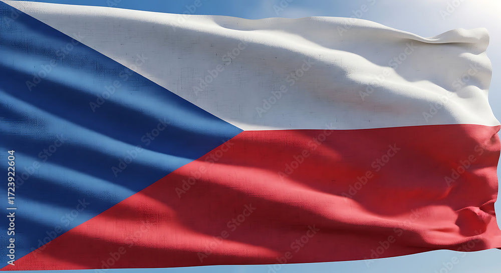 Fototapeta premium Waving flag of the czech republic with a textured surface, featuring the iconic blue triangle and horizontal white and red stripes, symbolizing the nations history and cultural heritage