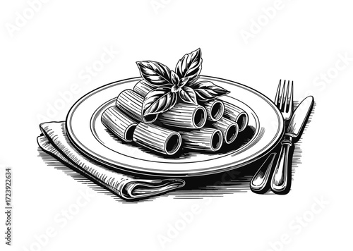 Engraving of Rigatoni Pasta with Basil