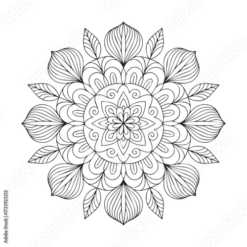 Vector art of elegant mandala illustration, a symmetrical and intricate design with floral and leaf elements, perfect for coloring books