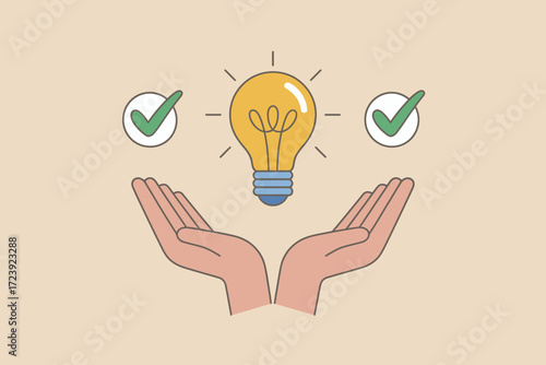 Hands cradle a glowing idea bulb, symbolizing innovation and successful solutions with checkmarks.