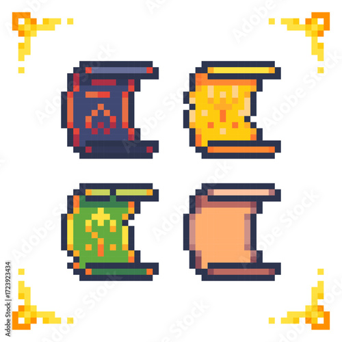 A set of pixel art icons of magic and ancient scrolls for spells. Ideal for RPG and adventure games. 16x16 pixels