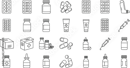 Medical pharmacy icons set, pills, capsules, bottles, syringes, inhalers, droppers, drug packaging, healthcare treatment symbols, vector illustration