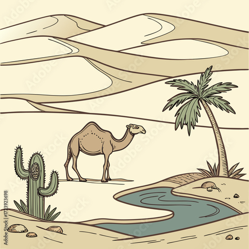 Illustration of a desert landscape featuring a camel, cactus, palm tree, and oasis, depicting a serene and arid environment in a vintage style