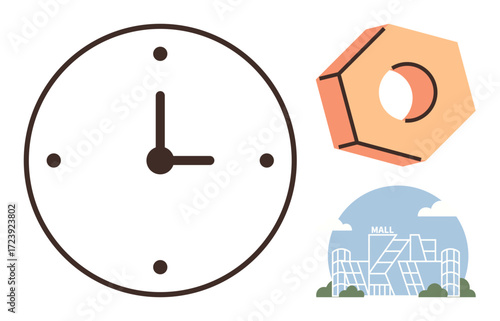 Wall clock, hexagonal bolt, and shopping mall facade represent time management, construction, and retail spaces. Ideal for productivity, planning, architecture, consumerism design retail teamwork