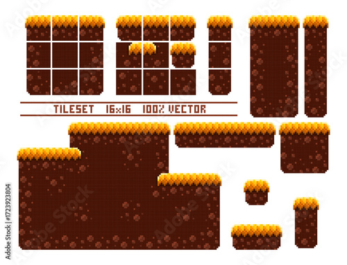 Pixel art tile set for 2d retro game. A set of autumn or halloweens tiles with grass for platformer. Location and landscape constructor. The resolution of the block is 16 x 16 pixels.