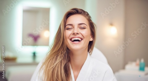 Beautiful Young Woman Enjoying Spa Day and Laughing Showing Perfect White Teeth