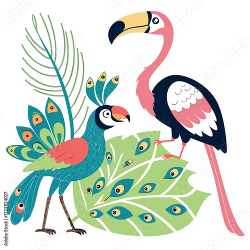 Vector art of a playful illustration showcasing a toucan and flamingo in a whimsical pose, accompanied by a vibrant peacock feather and lush tropical foliage, creating a cheerful and exotic scene