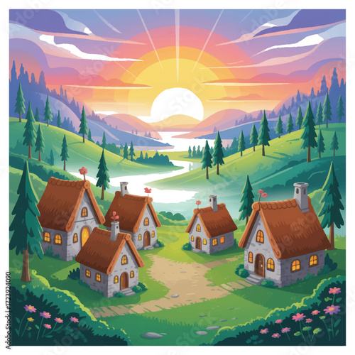 Vector art of idyllic village landscape with cozy cottages nestled among rolling green hills, lush trees, and a serene river under a vibrant sunrise