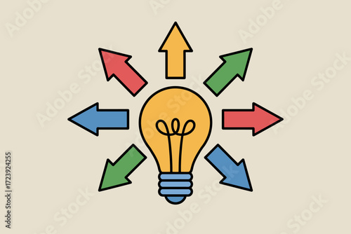 Bright idea radiating outwards with colorful arrows symbolizing diverse opportunities and choices.