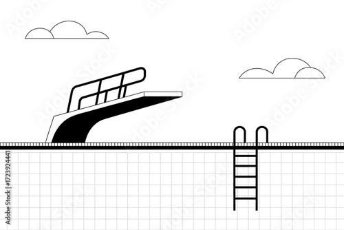 Minimalist illustration of a diving board and ladder at a poolside under a cloudy sky.