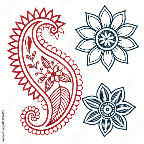 Vector art of elegant paisley and floral designs, featuring intricate red and blue line art, perfect for textile prints, decorative elements, and vintageinspired projects