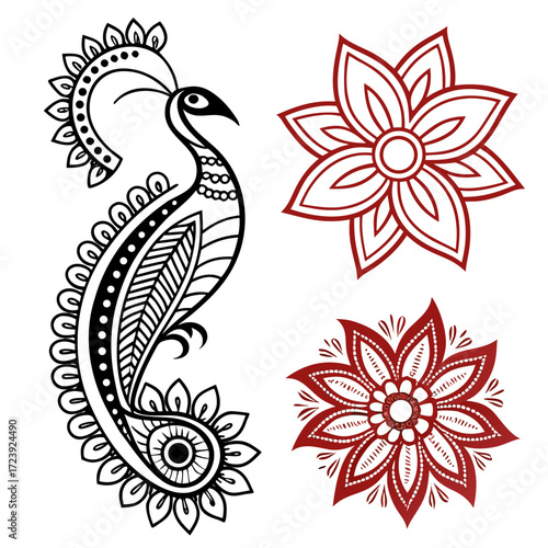 Vector art of elegant peacock and flower illustration in black and red, a beautiful design for textile, henna tattoo, or decorative element with intricate details