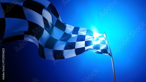 A classic checkered flag waves triumphantly against a bright blue sky, symbolizing the exhilarating finish of a high-speed car race