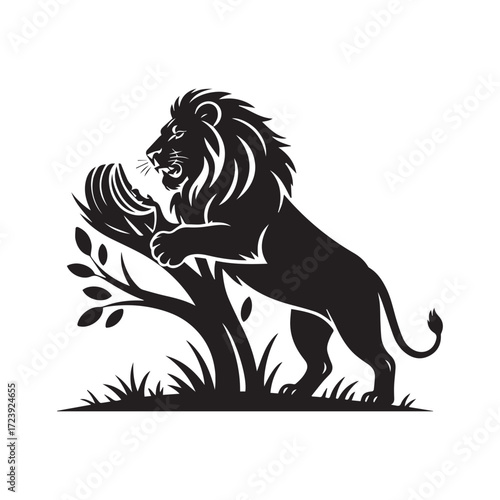 Vector art of majestic lion silhouette, roaring and climbing a tree, symbolizing strength, power, and the spirit of the wild, great for logos