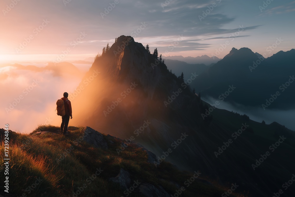 Fototapeta premium View of a hiker in front of a mountainous landscape at sunset. Copy space