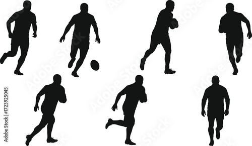 Rugby and American football player running and ball action silhouettes, sports collection, vector illustration