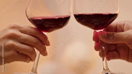 A warm, close-up video captures two people clinking wine glasses in a celebratory toast