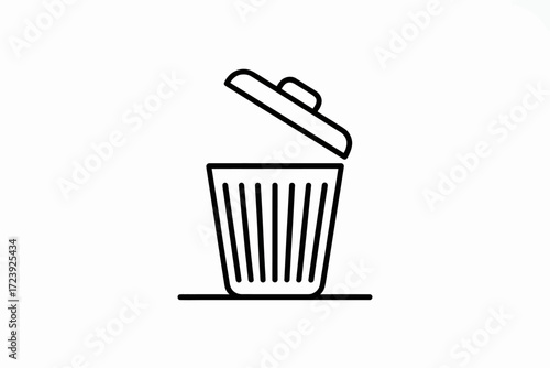 Clean trash can icon with open lid, simple line art symbol for waste and recycling
