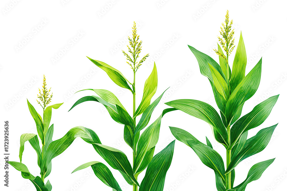Fototapeta premium Corn stalks at different heights showing ears and silks, isolated on transparent background.