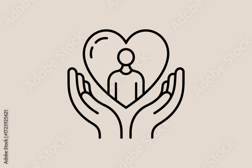 Hands gently holding a heart encompassing a person, symbolizing care and protection.