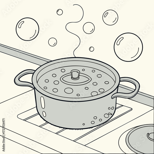 A pot of boiling water with steam and bubbles rising on a stovetop in a simple line drawing