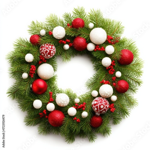 A festive Christmas wreath with green pine branches, red and white ornaments, and red berries arranged in a circular shape on a white background