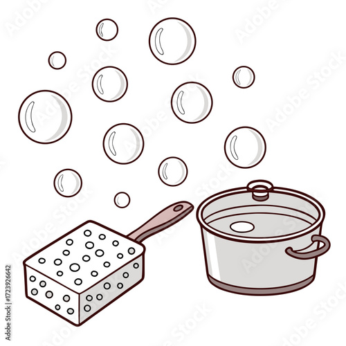 Cartoon illustration of a sponge and a pot with bubbles floating up representing cleaning or cooking