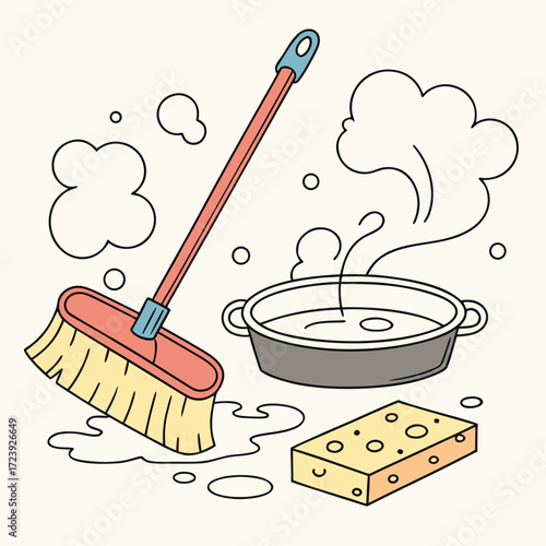 Cartoon illustration of cleaning supplies including a mop bucket and sponge with soap bubbles and water splashes