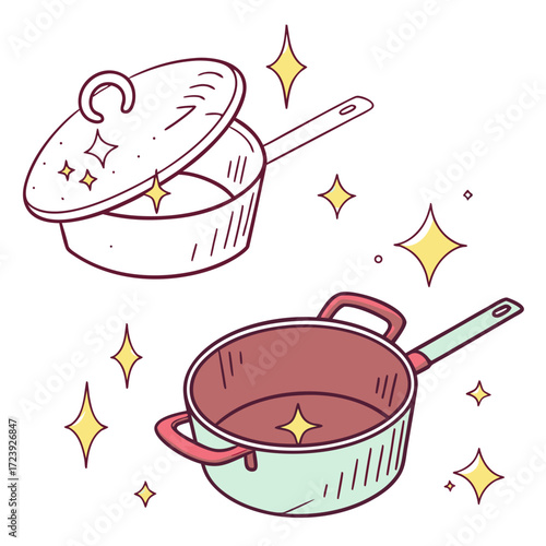 Hand drawn illustration of two sparkling clean pots and pans with shiny stars on a white background