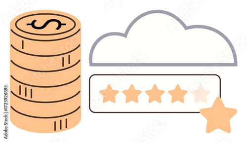 Stack of coins symbolizing wealth, cloud icon, and a five-star rating bar. Ideal for finance, online services, ratings, customer satisfaction, digital economy, quality assurance simple flat metaphor