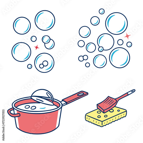 Set of cartoon style icons depicting cleaning supplies including bubbles a pot and a sponge with brush