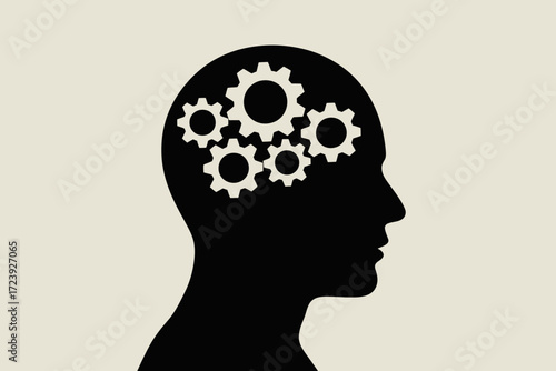 Silhouette of a head with gears turning inside, symbolizing thought and ideas.