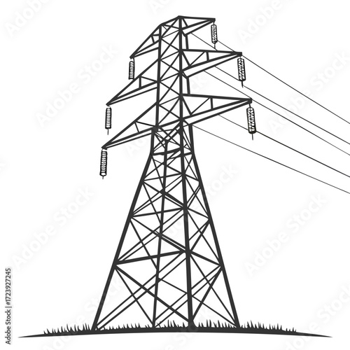 A stark black and white illustration of a tall electricity pylon with power lines stretching into the distance against a white background