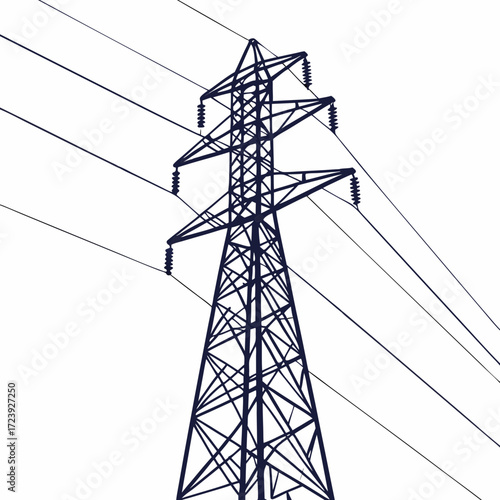 A stark dark blue silhouette of a high voltage electricity pylon against a clean white background