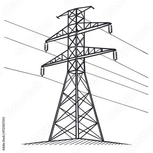 A striking black and white illustration of a tall electricity pylon with power lines against a white background