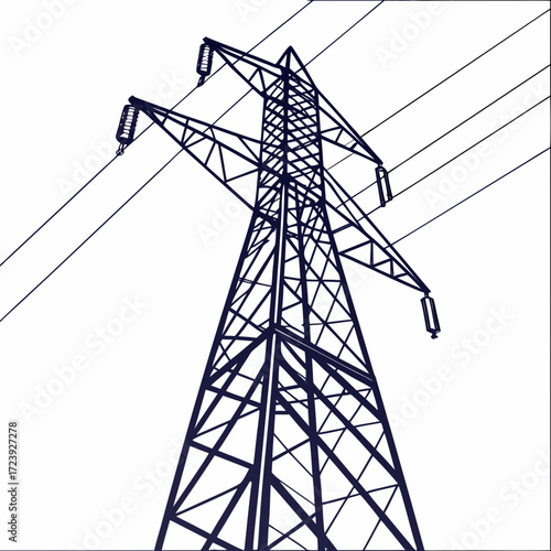 A stylized graphic illustration of a tall dark blue electricity pylon against a white background