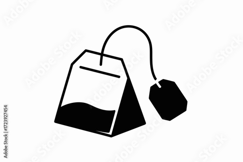 Simple illustration of a tea bag with a string and tag, ready for brewing.