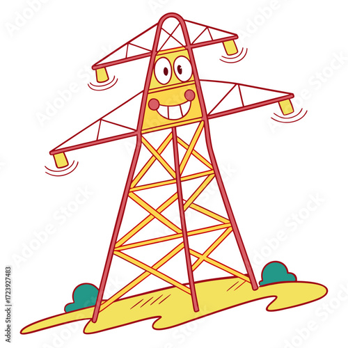 Cute cartoon electric power transmission tower with a happy face and smiling expression