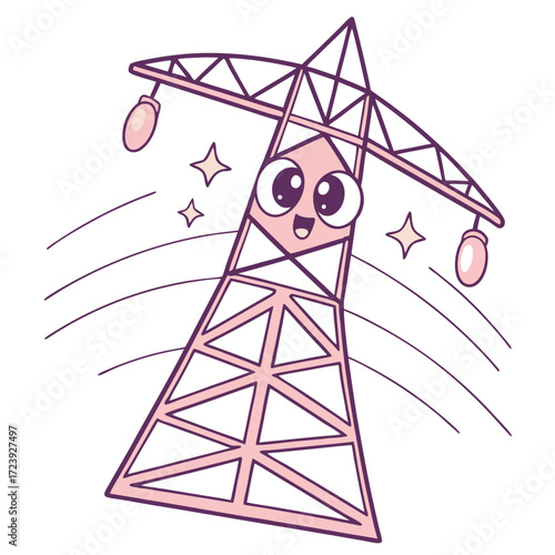 Cute and happy cartoon electricity pylon with big eyes and a smile radiating energy