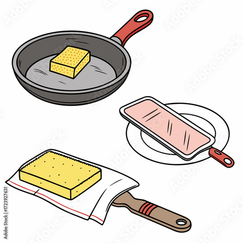 Illustration of a yellow sponge in a frying pan and on a spatula with a plate